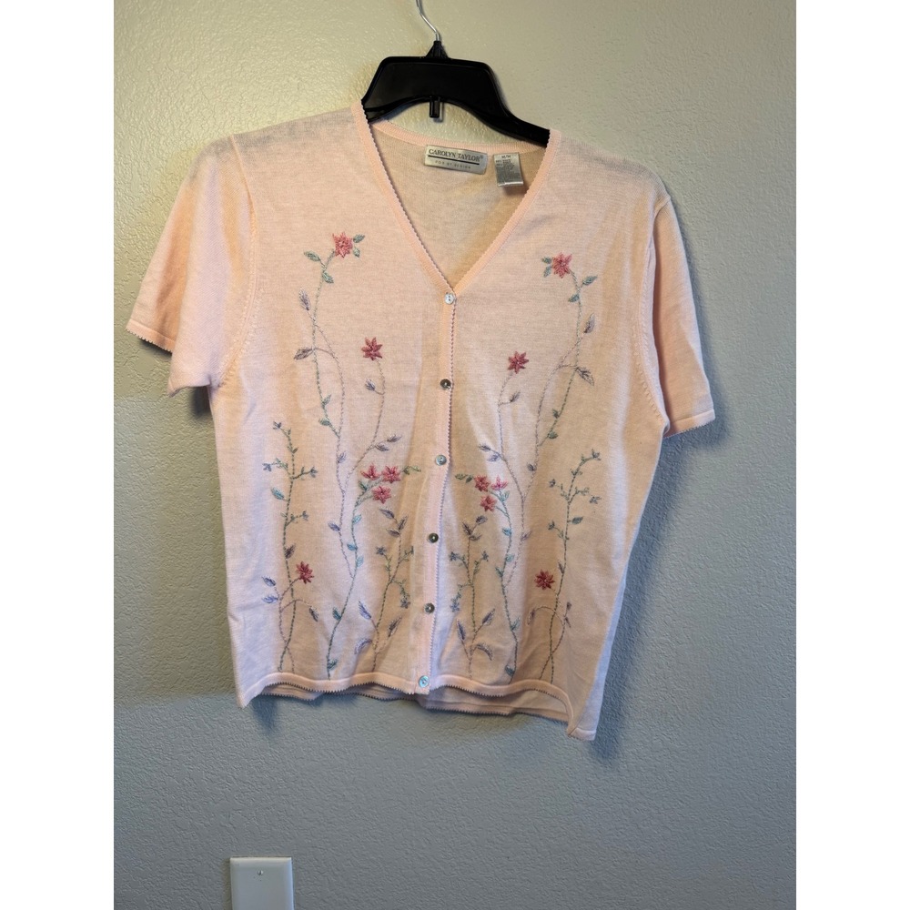 Carolyn Taylor Pink Floral Embroidered Short Sleeve Cardigan Sweater Medium